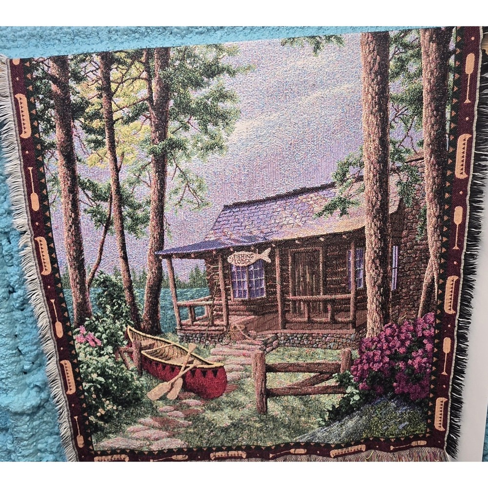 Fishing Lodge Vacation Lake Scene Canoe Woven Tapestry Throw Blanket 58"x49" USA